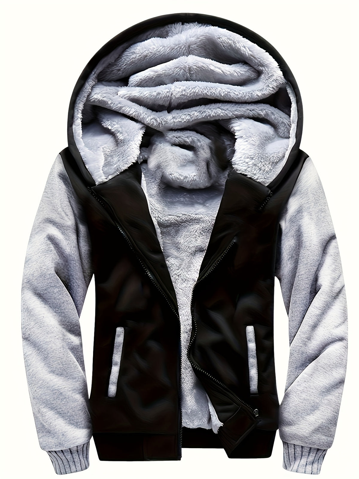 Men's padded jacket with hood and front zipper.