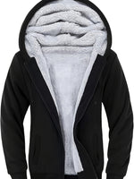 Men's padded jacket with hood and front zipper.
