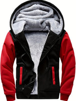 Men's padded jacket with hood and front zipper.