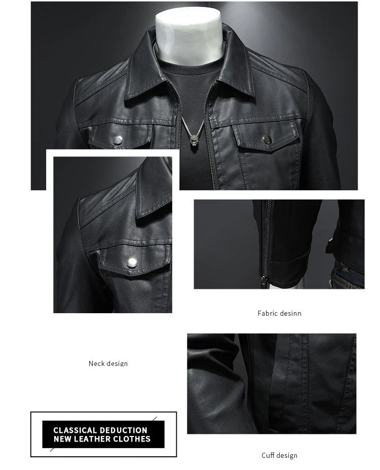 Men's leather jacket with thickened lapel and PU leather.