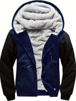 Men's padded jacket with hood and front zipper.