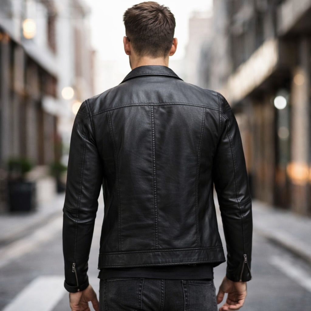 Men's leather jacket with thickened lapel and PU leather.